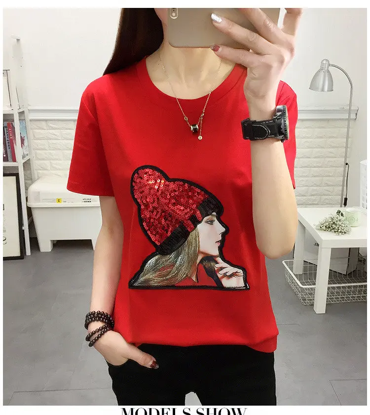 New Summer T-shirt Women Tshirt Plus Size Funny Print Tops Tees Femme Short Sleeve Sequins Poleras Mujer Moda 2018 (7)