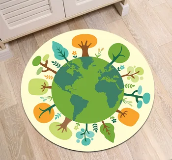 

Round Children's Room Floor Area Carpets Living Room Mat Kitchen Non-Slip Cushion Bathroom Door Rug Green Earth With Trees Grass