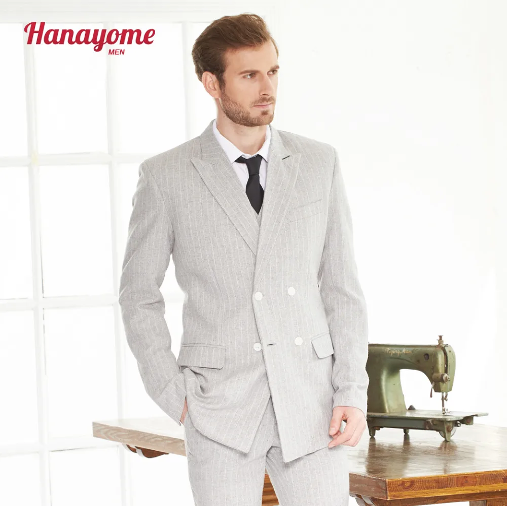 Hanayome Mens Grey Suits 2018 Double Breasted Formal Business Party Suit Set (Jackets+Vest+Pants) Custom Made SI113
