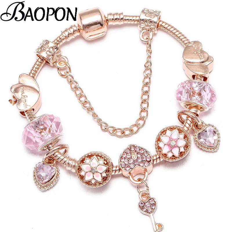 

Romantic Love Lock Pendant Silver Charm Bracelets With Pink Crystal Beads Fine Bracelets For Women Lover Couple Jewelry Gifts
