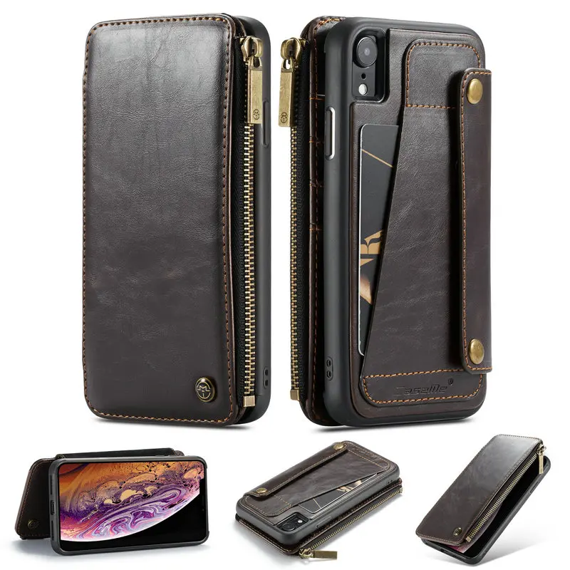 Чехол-кошелек для iPhone XS, XS, Max, XR, карман на молнии, отделения для кредитных карт, задний Чехол для iPhone X, 7, 6, 8 Plus, съемный кожаный чехол
