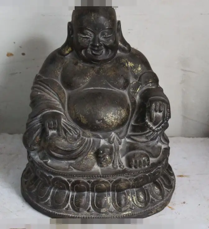 

S2541 11"Old China Buddhism Bronze Gilt Seat Lotus Happy Laugh Maitreya Buddha Statue