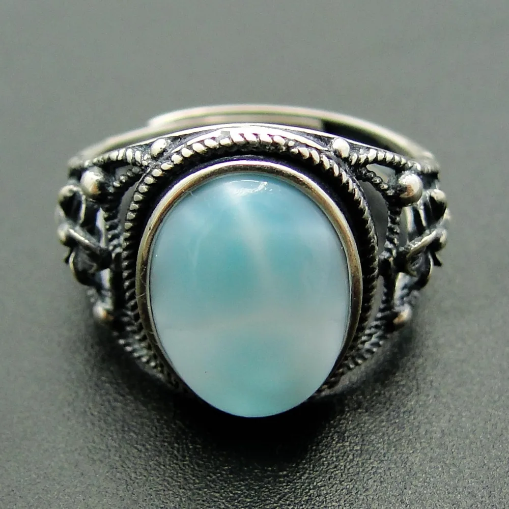 Натуральные кольца Larimar, 925 пробы, серебряные ювелирные изделия, античный дизайн, Larimar, свадебные кольца для мужчин и женщин, регулируемое кольцо, размер