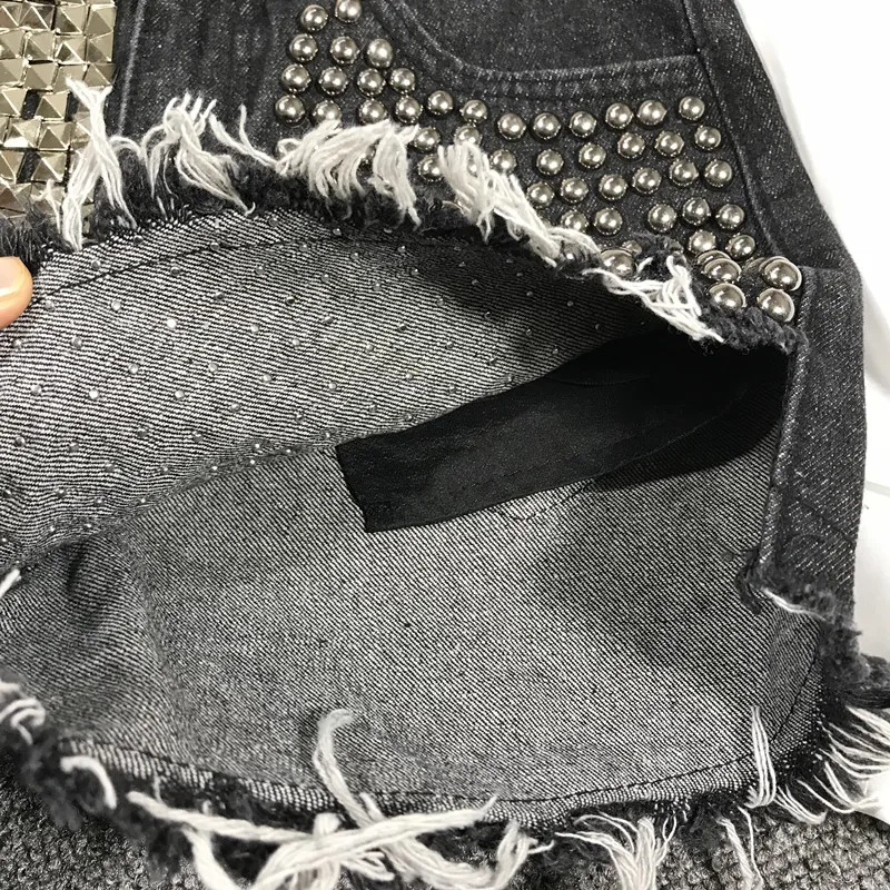 Оптовая продажа Нерегулярные заклепки бисер Широкие джинсовые шорты женские Высокая талия заклепки бисер панк уличный стиль горячие