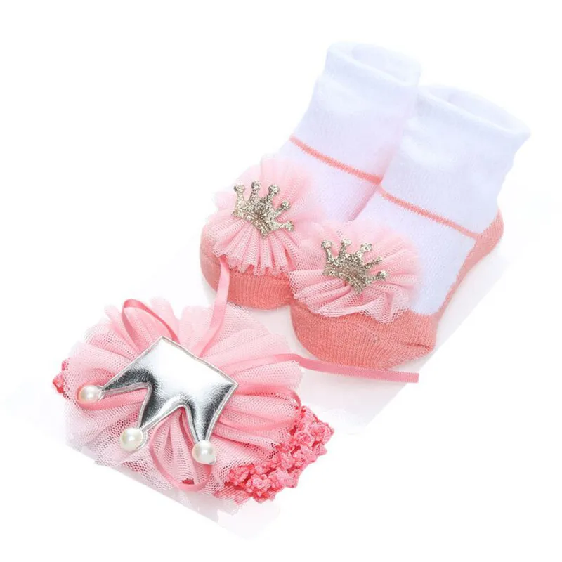 Носки для новорожденных Набор для девочек Носки для малышей вечерние 1 год для фотосъемки по случаю Дня Рождения новорожденных кружевные носки для девочек+ повязка на голову 2 шт./упак. принцесса носки с оборками для малышей, партия