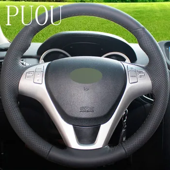 

Puou DIY Hand-stitched Black Genuine Leather Car Steering Wheel Cover for Hyundai Rohens Coupe 2009 Rohens Coupe Free shipping