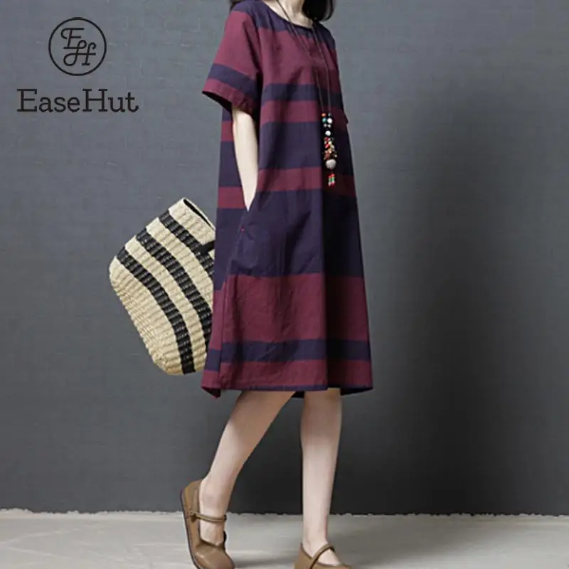 

EaseHut 2019 Summer Dress Vintage Cotton Linen Women Dresses Casual Loose Striped Comfortable Midi Dress Robe Vestidos Size XXL