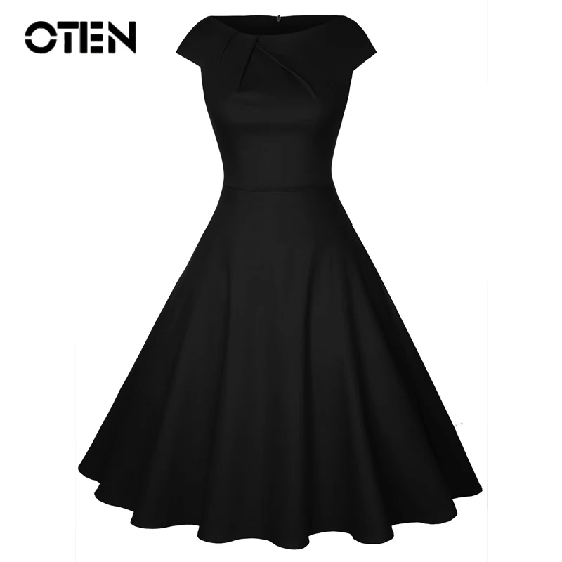 

OTEN Summer Clothing Women Cap Sleeve O Neck Front Ruched high waisted Vintage pin up Rockabilly Swing Elegant pleated dresses