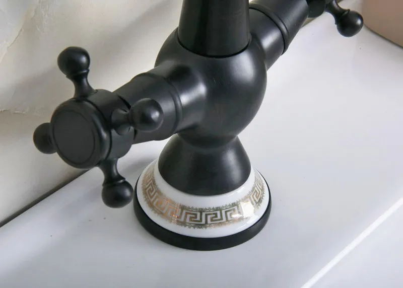 Oil Rubbed Bronze Dual Cross Handles Ceramic Base Bathroom Kitchen Basin Sink Faucet Mixer Tap Swivel Spout Deck Mounted mnf647