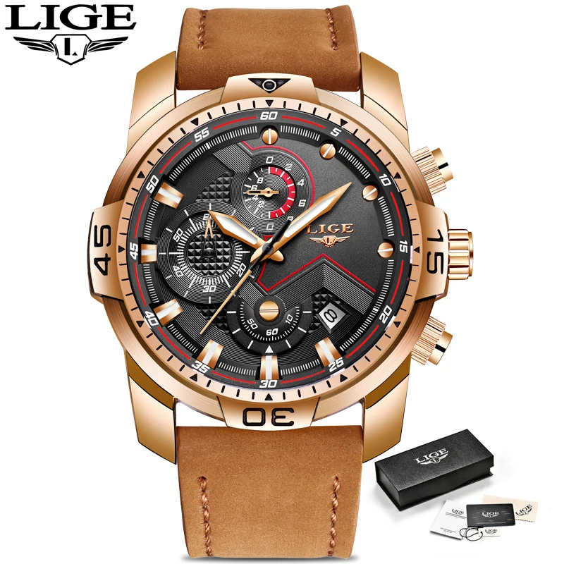 LIGE мужские часы лучший бренд класса люкс для отдыха Бизнес водонепроницаемые наручные часы кожа Дата Relogio Masculino + подарок