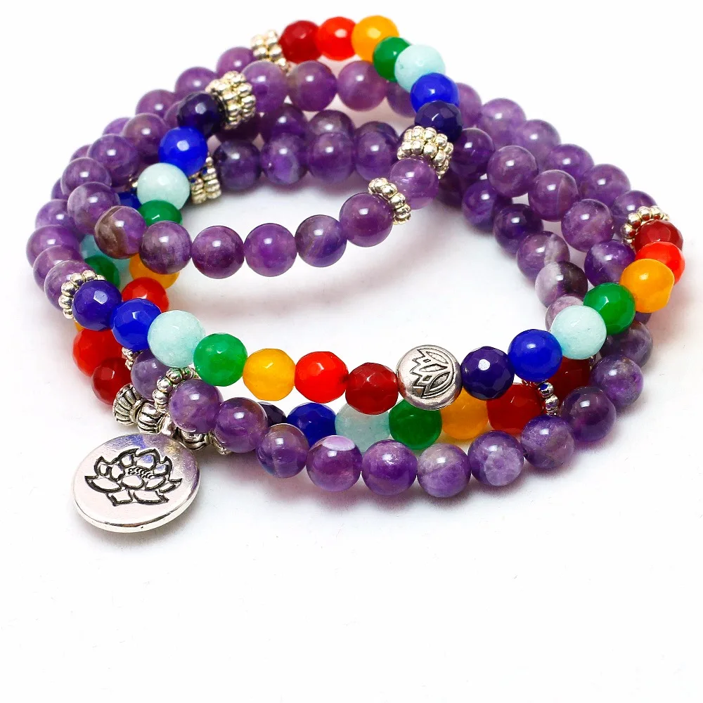 Женская мала 7 Чакра 6 мм бусины браслет высокое качество натуральный фиолетовый кристалл Йога браслет или ожерелье трендовые ювелирные изделия лотоса