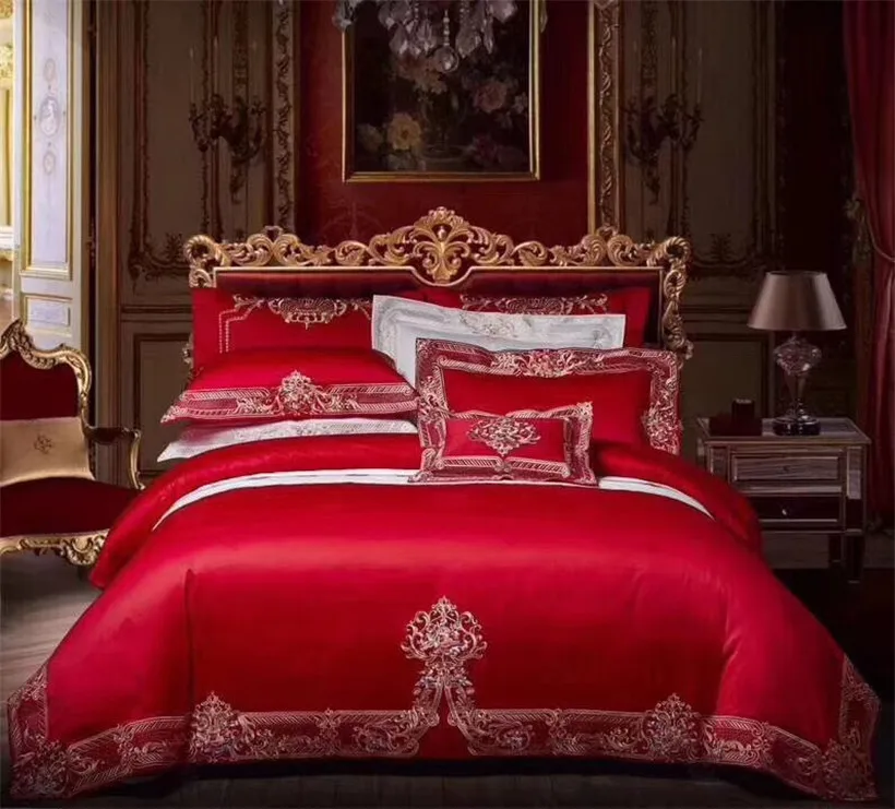 

Navy Blue Red Green Duvet Cover Set Europe Embroidery 1000TC Egyptian Cotton 4Pieces King Queen Size Bedding Set with Bed sheet