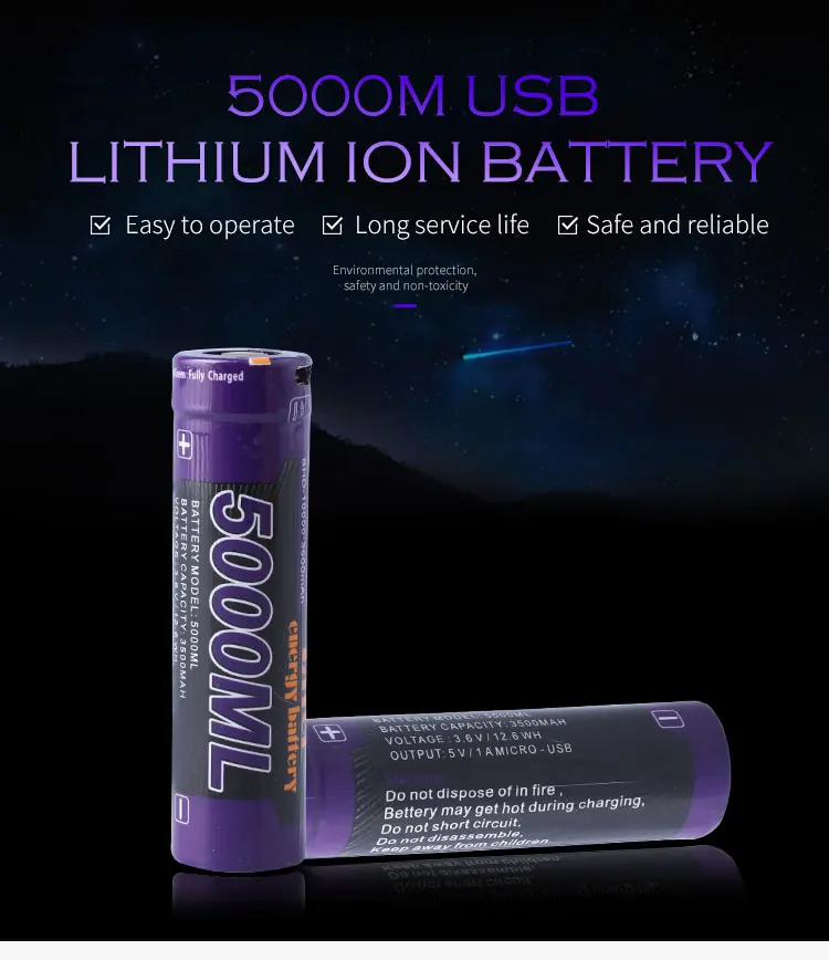 USB 3.7 V 18650, 3500mAh Li-Ion rechargeable USB battery with LED light DC-charging indicator