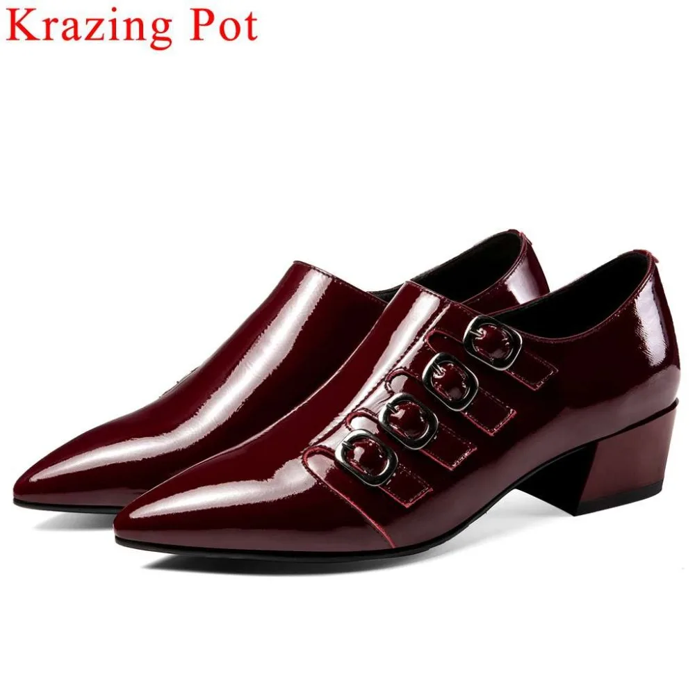 Vache Pot Bout Mature Cuir Taille vin L12 Plus Krazing Noir Rouge La Pompes Décoration Bas Tirette Pointu Européenne Boucles Chunky Talons En Verni Femme q5xdwXT