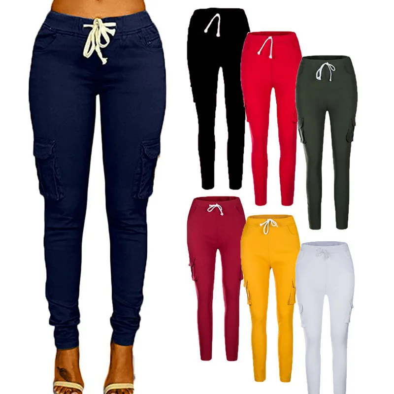 

Summer Autumn Ladies Cargo Pants Lace up Women Casual Pencil Pants Female High Waist Multi-Pocket Joggers Sweatpants
