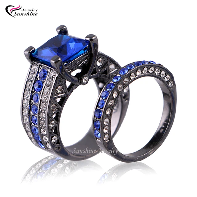 Blue Cubic Zirconia Black Plated Women S Gold Wedding Ring Set Blue Cubic Zirconia Black Plated Women S Gold Wedding Ring Set Engagement Turkish