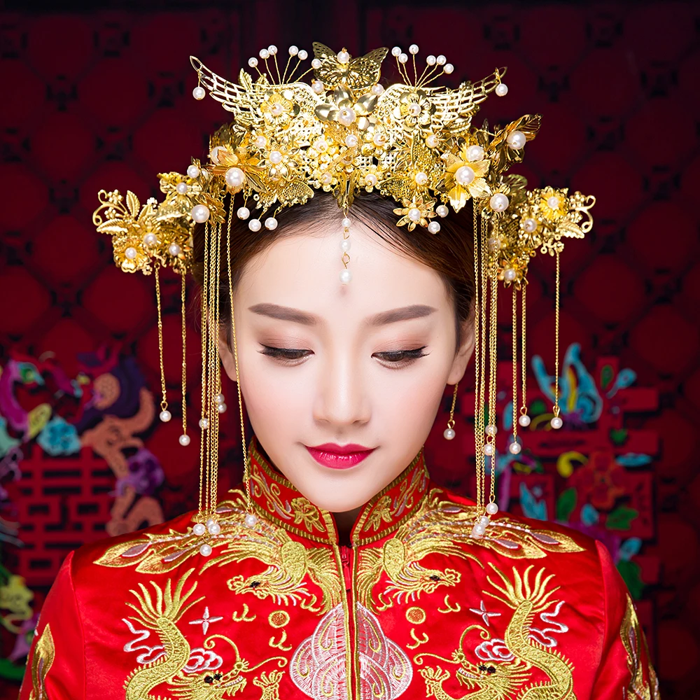 New Vintage Chinese Wedding Hair Accessories Jewelry Gold 