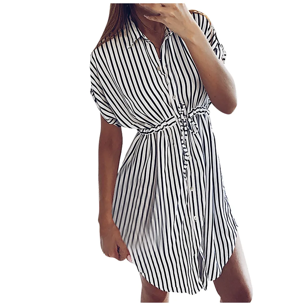

Jaycosin 2019 dress Women summer dress Casual Stripe Bandage Fashion Short Sleeve Notched Dresses vestidos