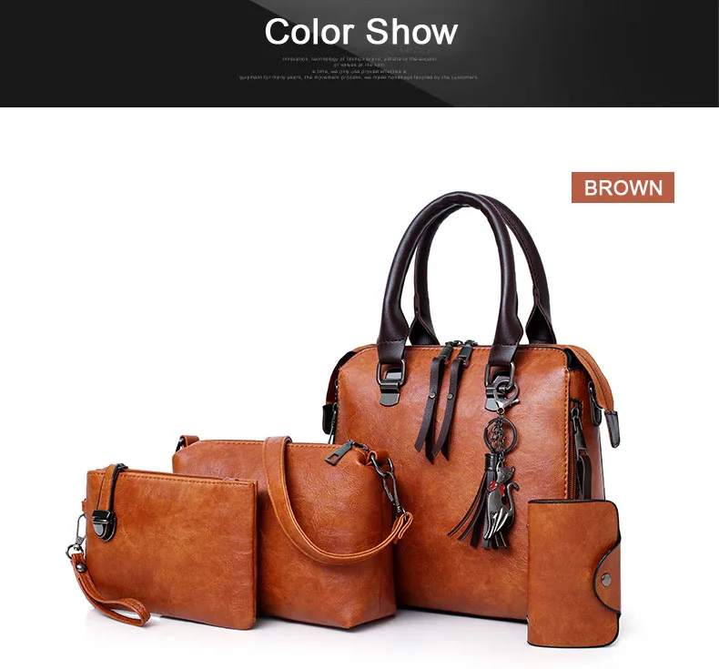 4pcs sets Fashion Vintage Handbag for Women Medium High Quality Oil Leather Shoulder Crossbody Bag Brown Black Female Tote Purse (14)