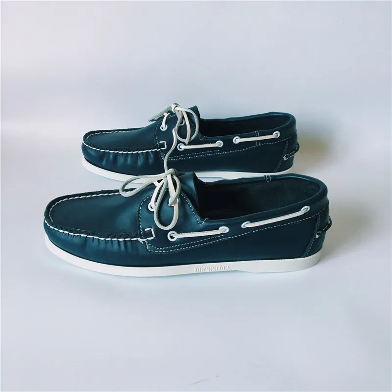 Мужские кожаные водонепроницаемые Мокасины на шнуровке; Мокасины с белой подошвой; Повседневная обувь для вождения Мужская мода; chaussure homme; размер 46; лоферы; Zapatillas - Цвет: blue leather