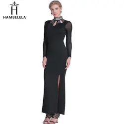 Hambelela 2017 бренд Дизайн женский, черный с длинным рукавом платье Сексуальная блесток воротник Вечеринка Макси платье Женский Разделение