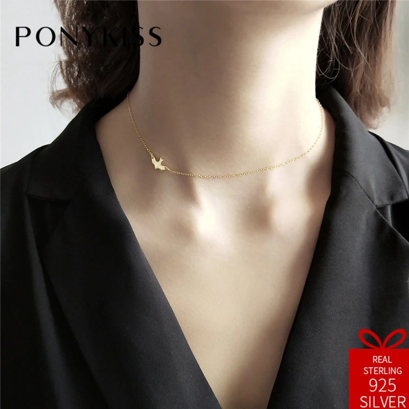 

PONYKISS Classic Real 925 Solid Sterling Silver Cute Bird Choker Chain Necklace Women Fine Jewelry Birthday Party Gift