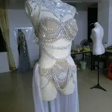 Блестки боди со стразами наряд певицы сексуальная кожа белый DJ MC Стадия DS кристалл бюстгальтер короткое платье Женский комплект для выступлений