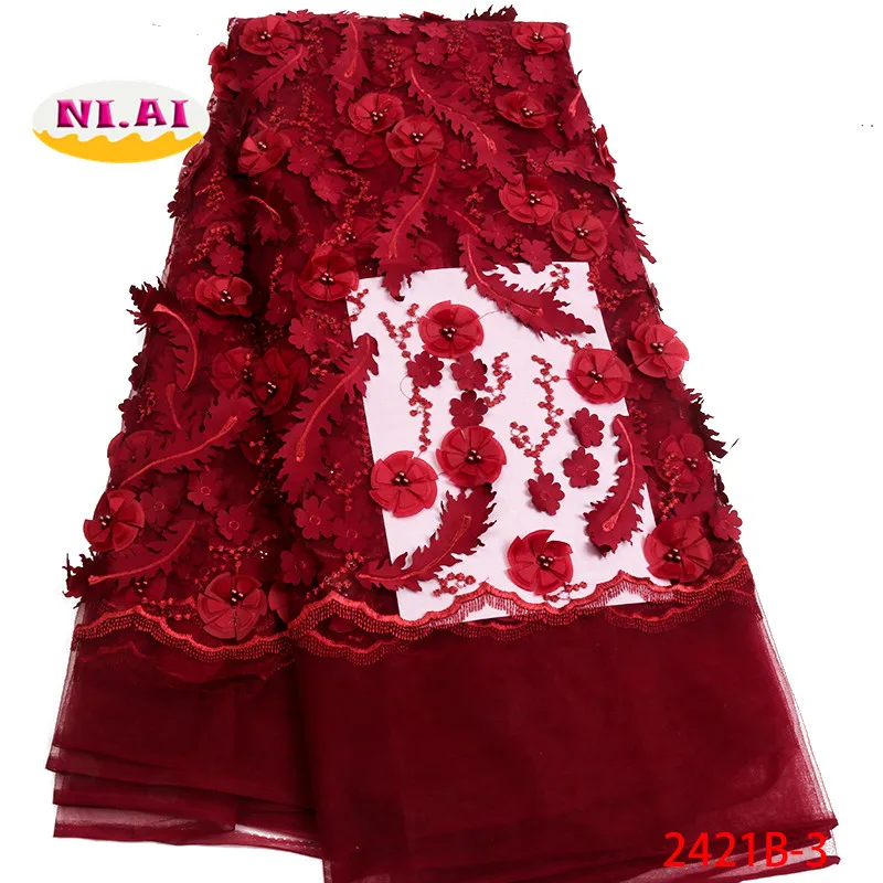 

Latest design French net lace fabric high quality 3d embroidered tulle mesh lace fabric for wedding dress beads lace NA2421B-1