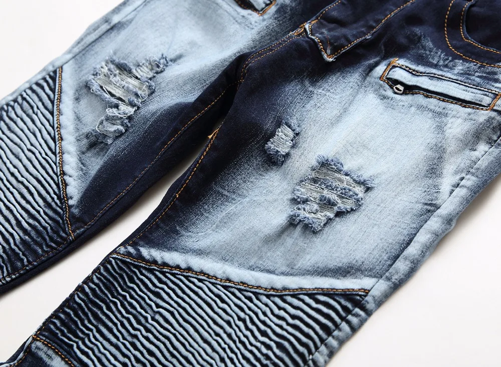Мужская мода дизайнер рваные байкерские джинсы Для мужчин рваные байкерские джоггеры из денима промытый, плиссированный Жан брюки цвет