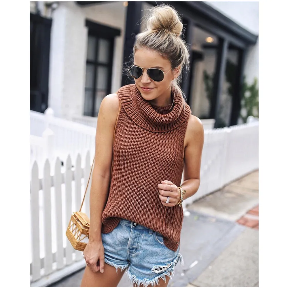 2019 Fashion Spring Sweater Vest women Loose turtleneck Sleeveless Long Sexy pullover Knitwear