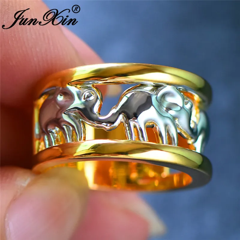 

JUNXIN Luxury Male Female Animal Silver Elephant Big Rings For Men Women Yellow Gold Filled Hollow Wedding Bands Chirstmas Gifts