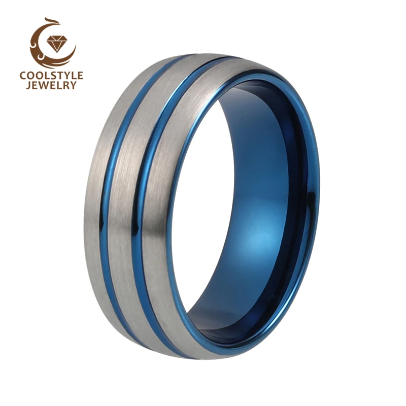 

8mm Tungsten Wedding Band Ring For Men Women Blue Color Domed Grooved Brushed Comfort Fit