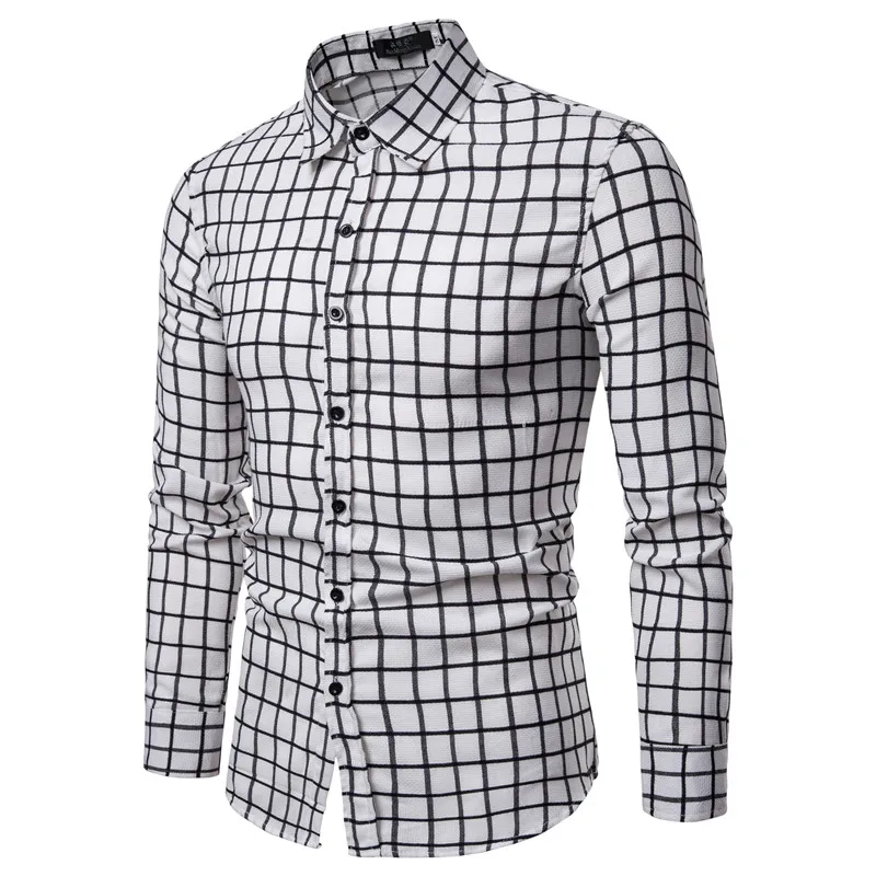 Drop Shipping Men Plaid Shirt Long Sleeve Shirts 2019 Fashion Casual White Checkered Cotton Chemise Homme Man Clothes
