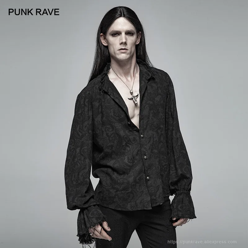 

PUNK RAVE New Decadent Gothic Printed Black Men's Loose version Shirt punk Party Cosplay Visual kei Men Shirts Long Sleeve