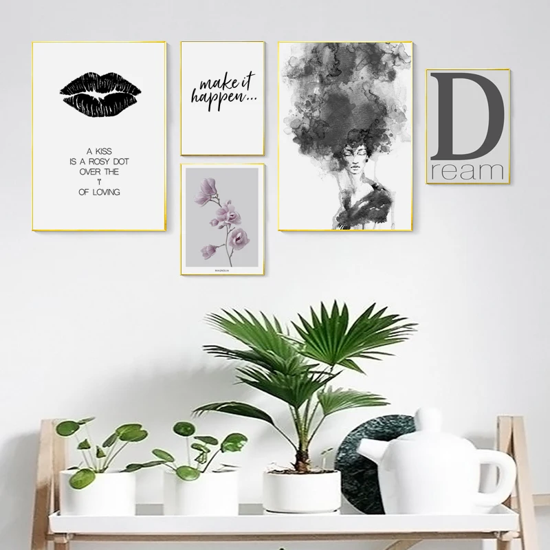 

Black Lips Flower Canvas Art Posters and Prints Scandinavian Painting Girl Wall Picture for Living Room Modern Home Decoration