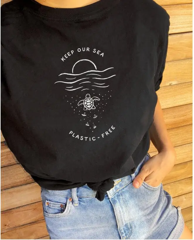

KEEP OUR SEA TURTLE T-Shirt Women funny graphic Plastic Free tops short sleeve crewneck tshirt t shirts