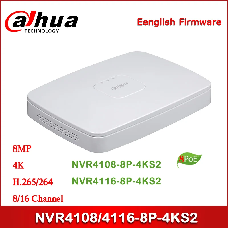 Dahua POE NVR NVR4108-8P-4KS2 NVR4116-8P-4KS2 8/16 Channel Smart 1U 8PoE 4K&H.265 Lite Network Video Recorder
