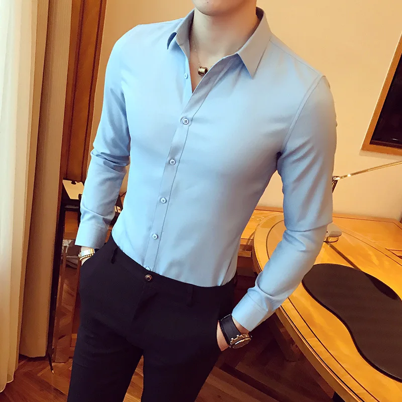navy blue Модная формальная однотонная трендовая Мужская рубашка с длинными рукавами, тонкая мужская, Саморазвитие, молодежная хлопковая рубашка, Camisa Social Masculina - Цвет: navy blue