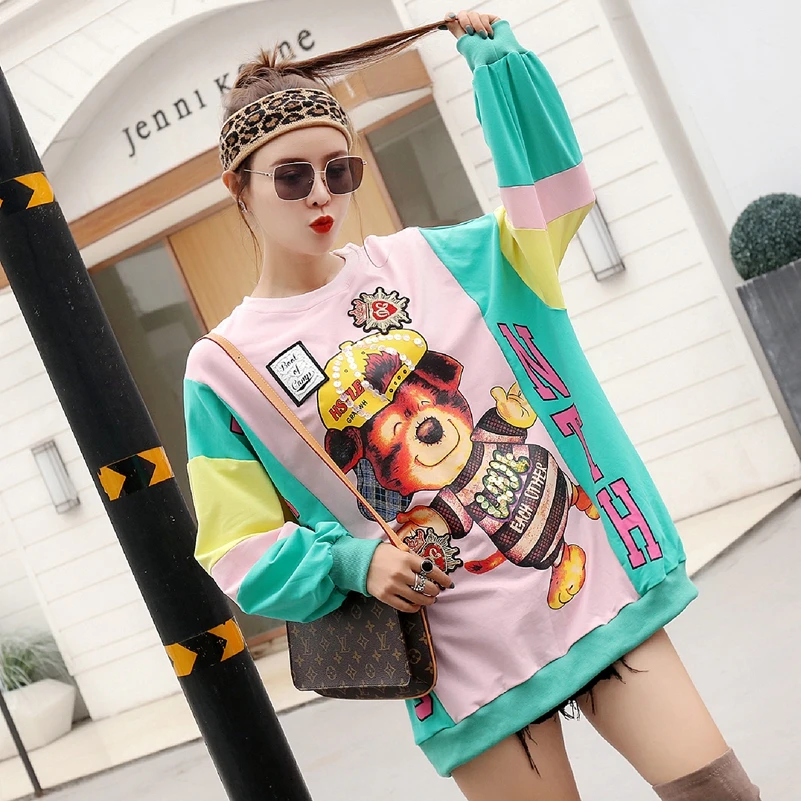 

SexeMara fashion Autumn And Winter The New Contrast color Loose Thicken Keep warm Sequin Hooded Sweatshirt free shipping