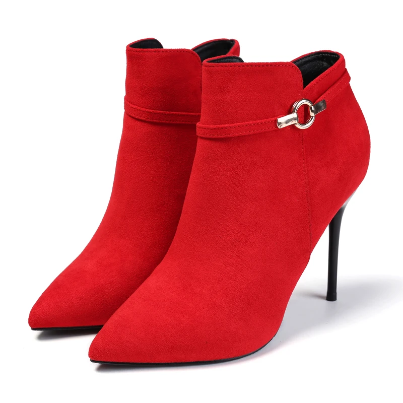 

2018 New Style Botas Mujer Winter Shoes Thin High Heel Ankle Short Boot Women Pointed Toe Sexy Flock Zip Ladies Pump Boot Shoes