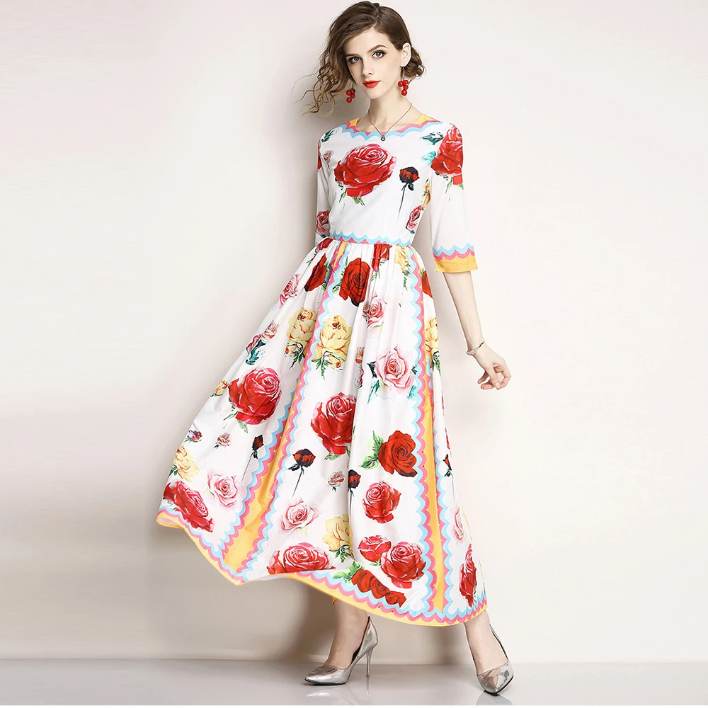 woman summer runway fashion dress half sleeve female maxi party dress