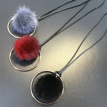 2017 Faux Fluffy Pompom Feather Fur Ball Long Necklace Bohe Black Grey Red Pendant Winter Sweater Necklace&Pendants Cute Gift