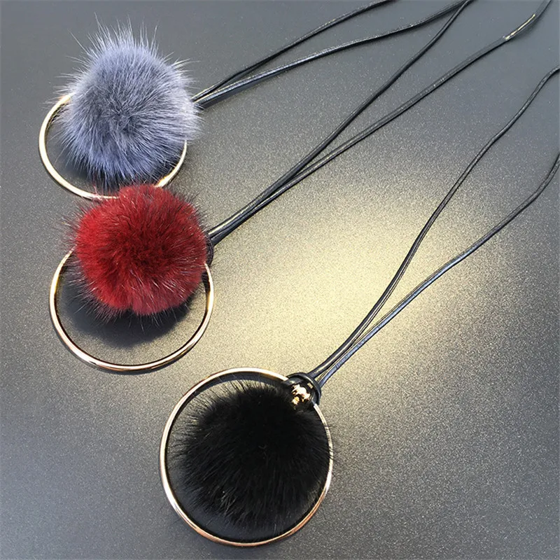 

Faux Fluffy Pompom Feather Fur Ball Long Necklace Bohe Black Grey Red Pendant Winter Sweater Necklace&Pendants collier femme
