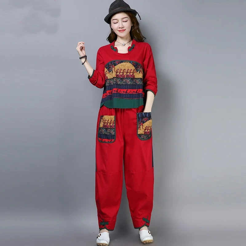 Женский этнический винтажный костюм Hanfu Брюки с карманами и топ комплект из двух