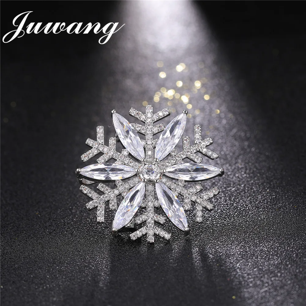 

JUWANG Crystal Snowflake Cubic Zirconia Brooch Pin for Women Silver Color Clear Crystal Brooches Christmas Jewelry Gift