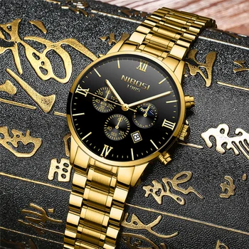 

NIBOSI Luxury Brand Business Watches Chronograph Auto Date Quartz Clock Male Casual Steel Leather Golden Watch relogio masculino