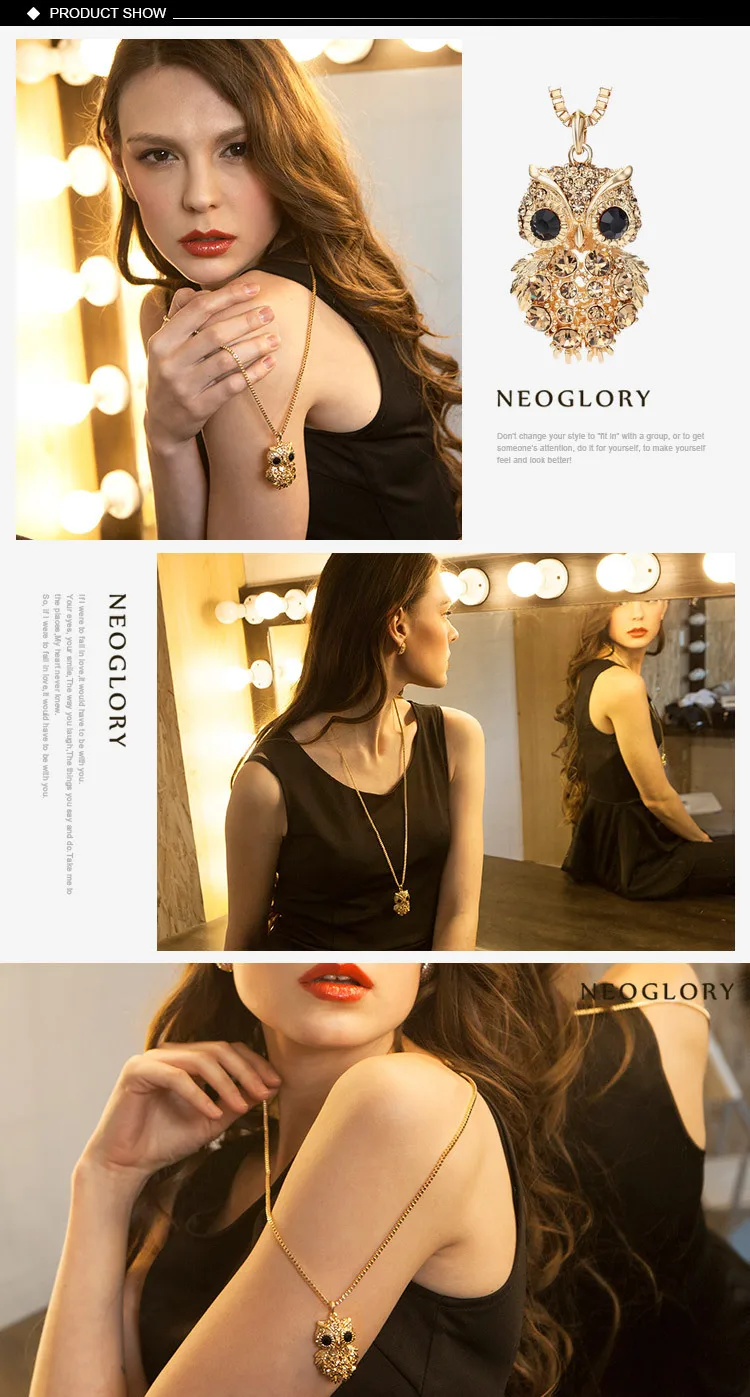 Neoglory Чешский Стразы светильник желтое золото Цвет Мода Сова длинный свитер цепи ожерелья для женщин ювелирные изделия бренд