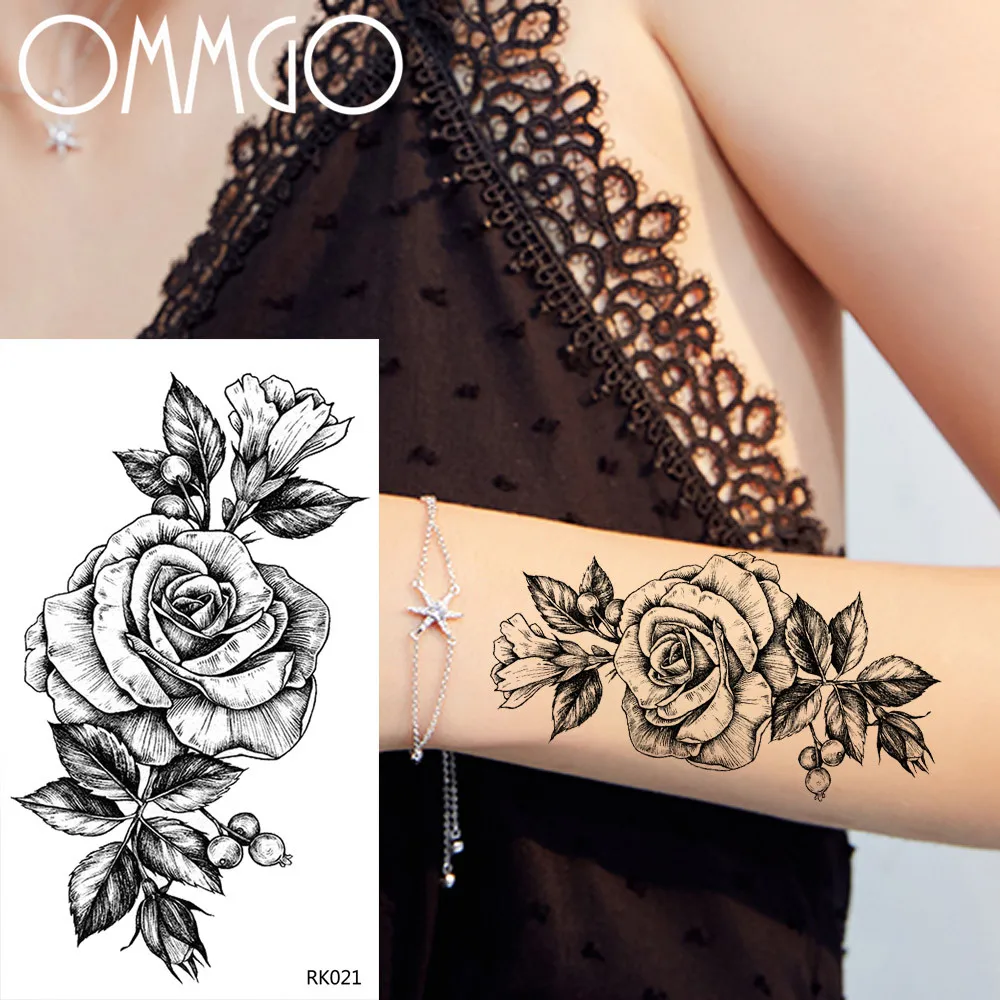 OMMGO 3D DIY Роза цветок временная татуировка наклейка лист черный пользовательский