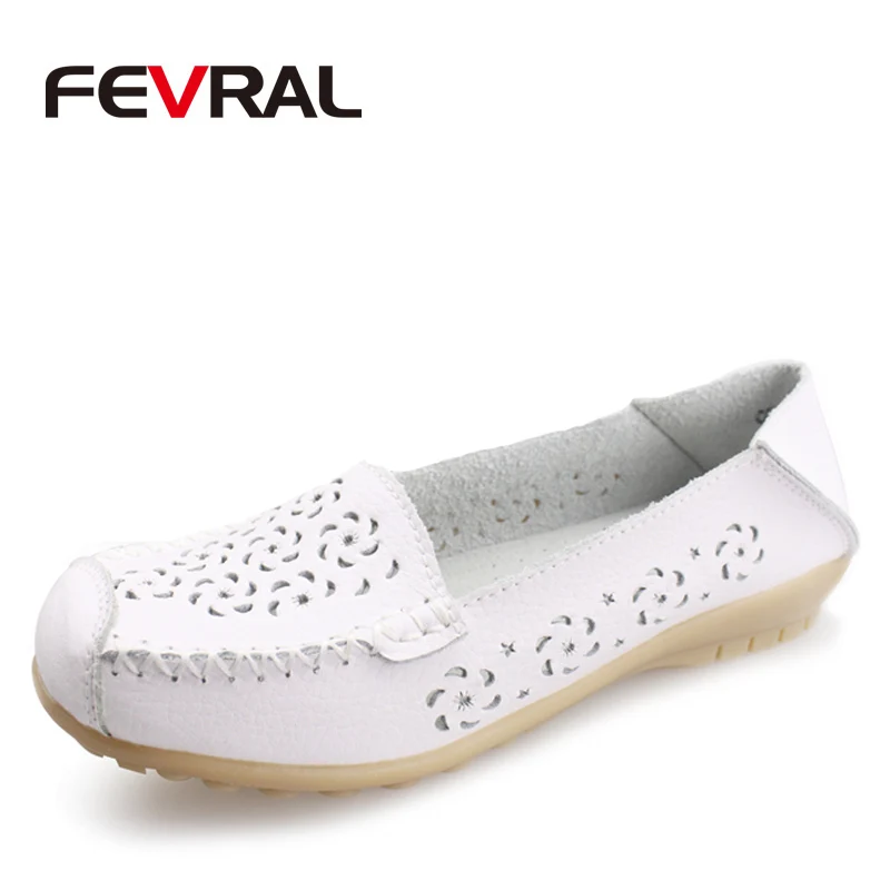 

FEVRAL Fashion New Women Flats Breathable Women Shoes Brand Genuine Leather Casual Shoes Slip On Flats Mother Shoes Plus Size