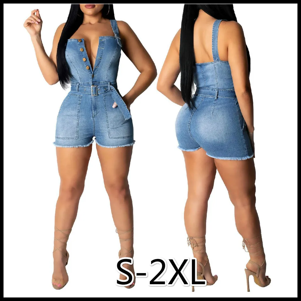 Women's Fashion Summer New Sexy Deep V Straps Jumpsuits Shorts Tassel Blue Denim Jumpsuits bodysuits for Women with Belt S-2XL Women's Fashion Summer New Sexy Deep V Straps Jumpsuits Shorts Tassel Blue Denim Jumpsuits bodysuits for Women with Belt S-2XL